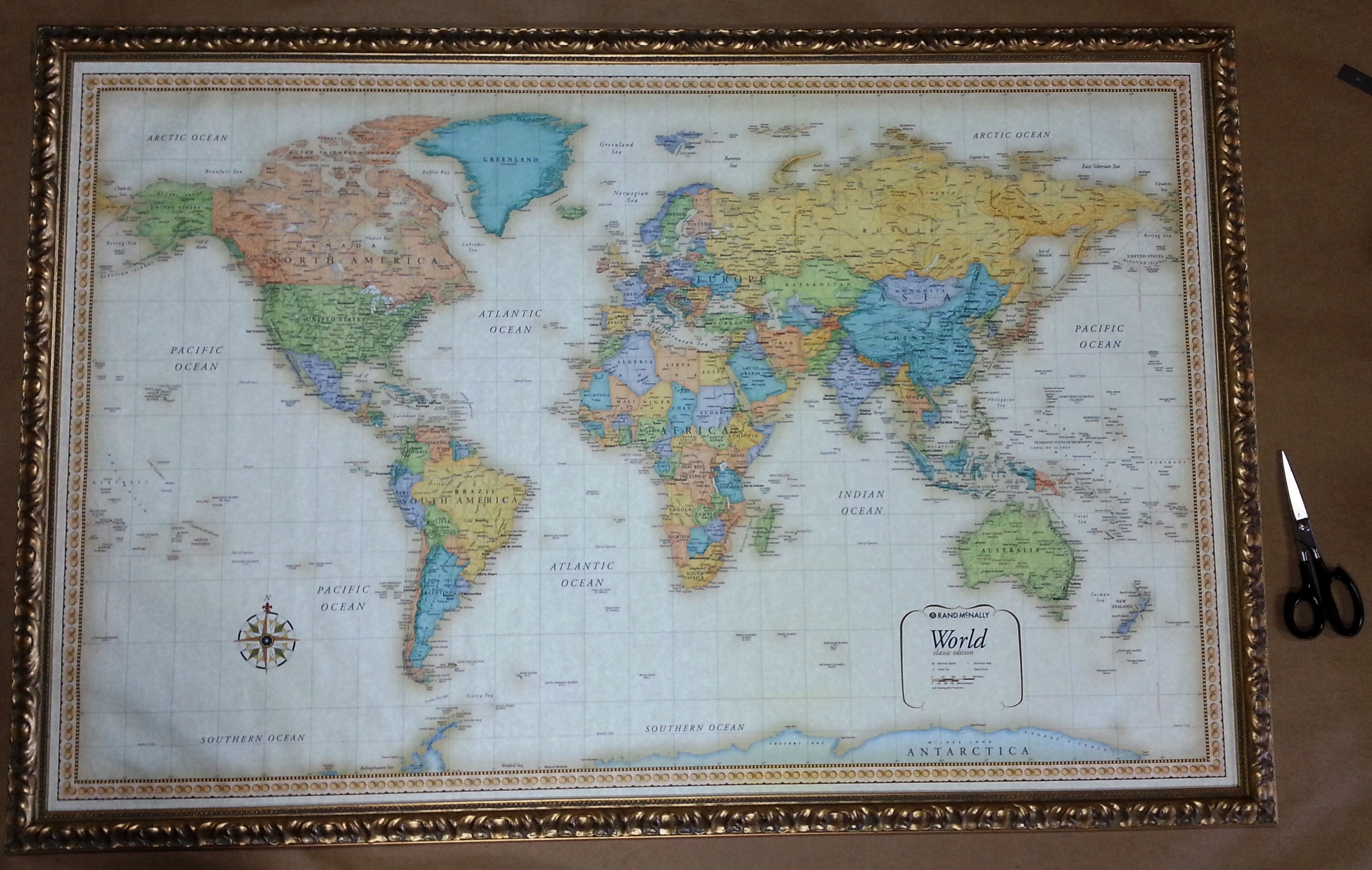 Large Framed World Map Columbia Frame Shop